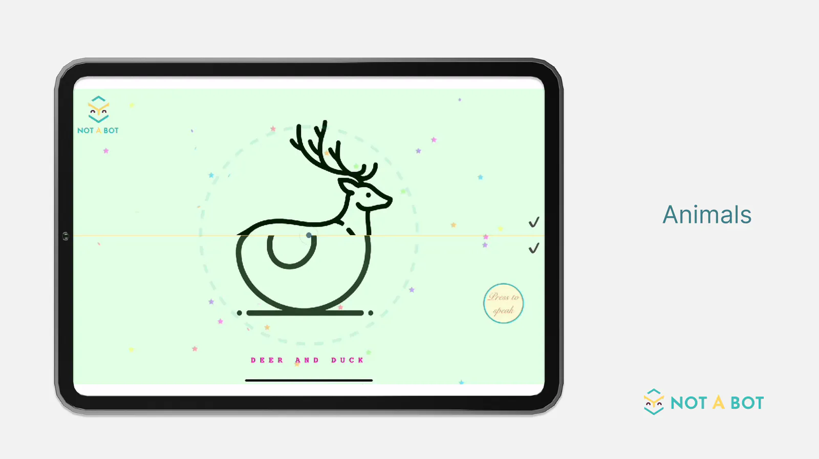 Animals, a game on a tablet: a line drawing called “Deer and duck”, with a “Press to speak” button.